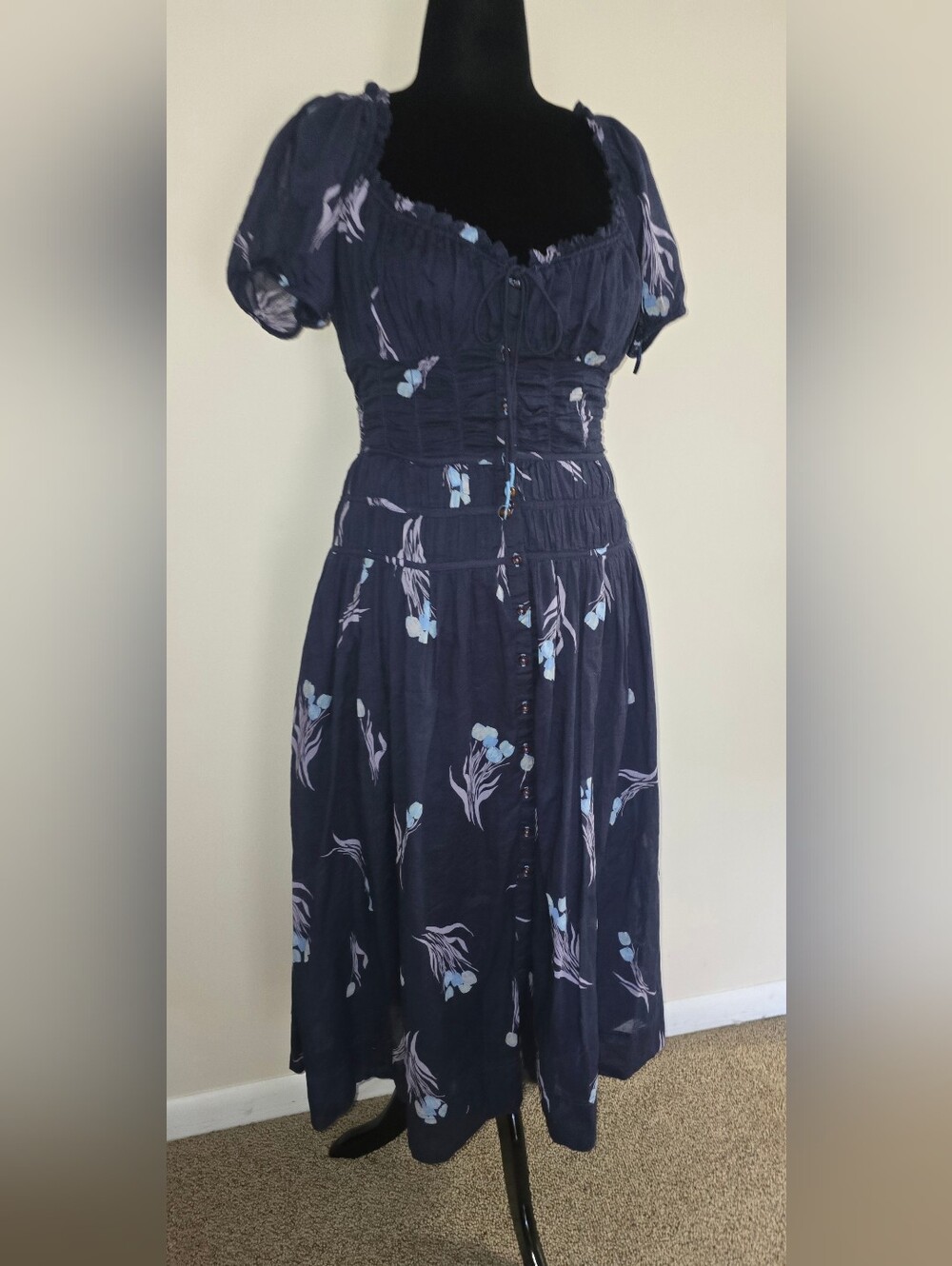 Free People Complete Me Midi Dress in Navy Combo Floral Boho Women's L